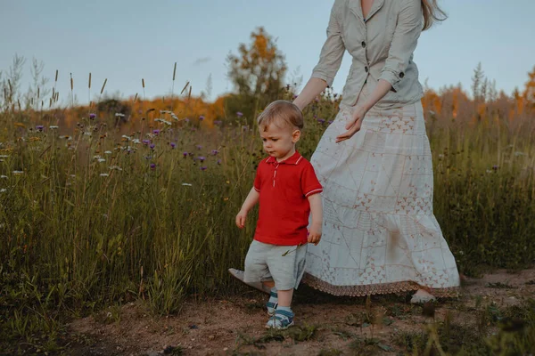 Anne Küçük Çocuğu Tarlada Yürüyor — Stok fotoğraf
