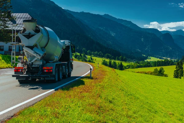 Concrete Mixer Truck Drives Beautiful Road Alps — Stock Photo, Image