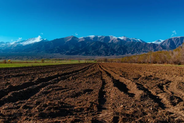 Voorjaarslandschap Met Geploegd Veld Bergachtige Achtergrond Kirgizië — Stockfoto