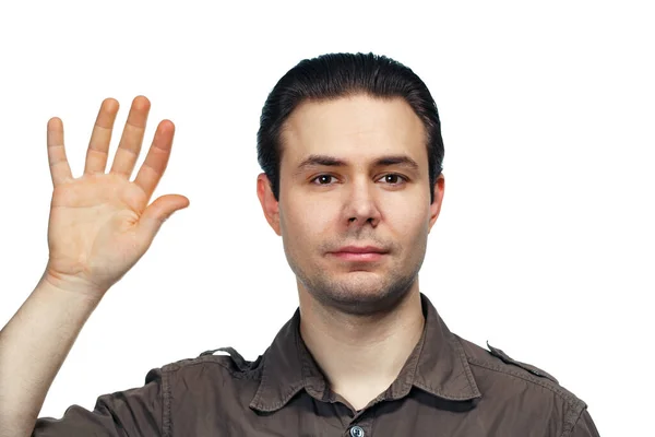 Portret Van Een Jonge Man Met Zijn Hand Omhoog Een — Stockfoto