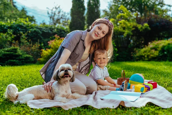 Giovane Madre Con Anno Bambino Cane Seduto Nel Parco Estate — Foto Stock