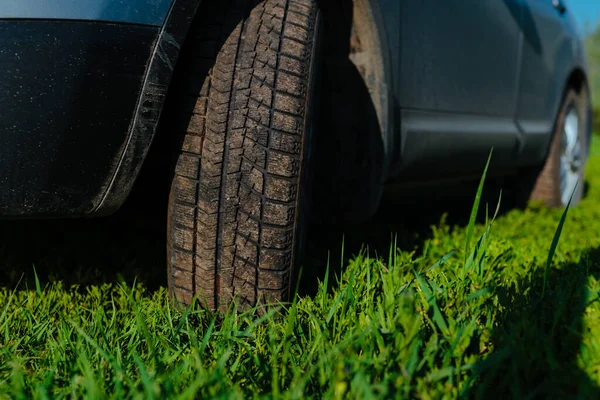 緑の芝生の上で汚い車のホイール クローズアップビュー — ストック写真