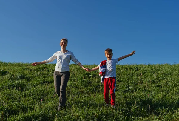 Happy Mother Son Walking Field Holding Hands — Stock Photo, Image