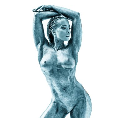 Beyaz arka planda gümüş rengi boyalı çıplak bir kadın.