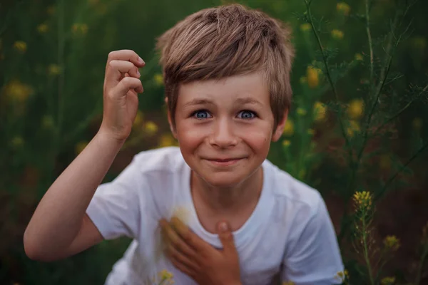 Egy Boldog Fiú Portréja Virágmezőn — Stock Fotó