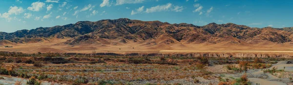 Vysušené Říční Dno Horském Pozadí Létě Kazachstán Kyrgyzstán Panoramatický Výhled — Stock fotografie