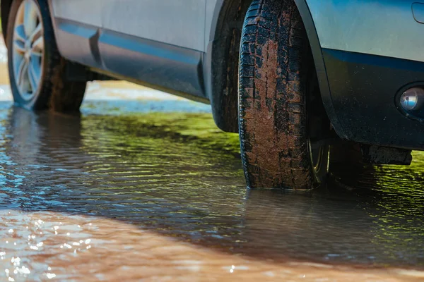 Car Wheel Standing Offroad Muddy Puddle Close View — Stock Photo, Image
