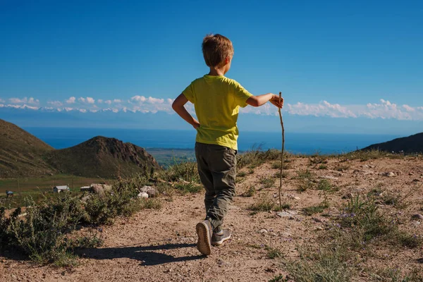 山道を棒で歩く少年ハイカー — ストック写真