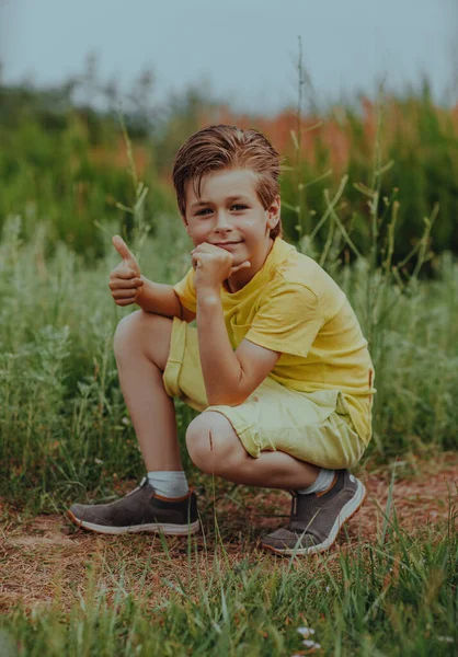 Szczęśliwy Chłopiec Siedzi Zielonej Łące Daje Kciuki Górę — Zdjęcie stockowe