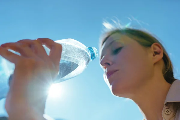 Young Beautiful Woman Drinking Pure Water Bottle Blue Sunny Sky — Stock Photo, Image