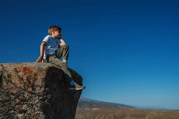 男孩坐在山上的一块巨石上 望着远方 — 图库照片