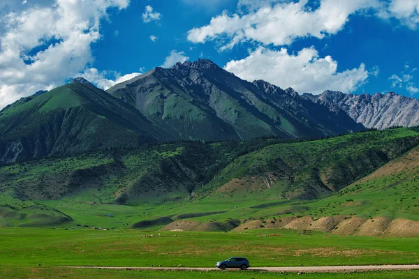 Carro Dirigindo Uma Estrada Montanha Dia Ensolarado Verão — Fotografia de Stock