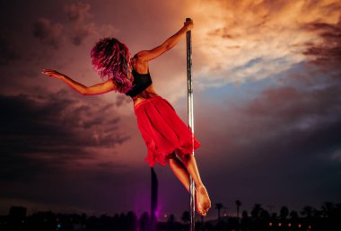 Young beautiful woman pole dancing on twilight sky and city silhouettes background clipart