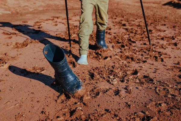 Boy Hiker Trekking Poles Lost His Rubber Boot Mud Focus — Stock Photo, Image