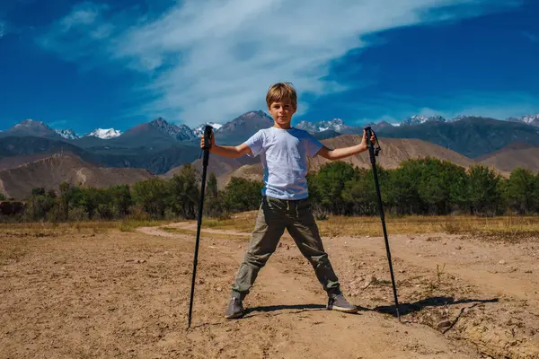 Boy traveler with trekking poles stands on mountains road at summer