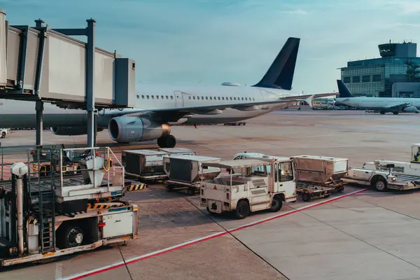 Servicevoertuigen Luchthaven Avonds — Stockfoto