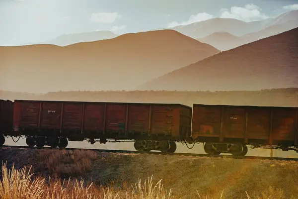 Freight wagons on mountains background at sunset