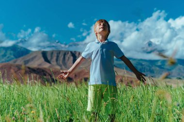Yazın çayırda gerinen tatlı çocuk.