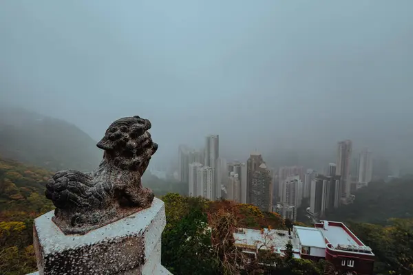 Chinesische Löwenstatue Auf Einem Berg Über Hongkong — Stockfoto