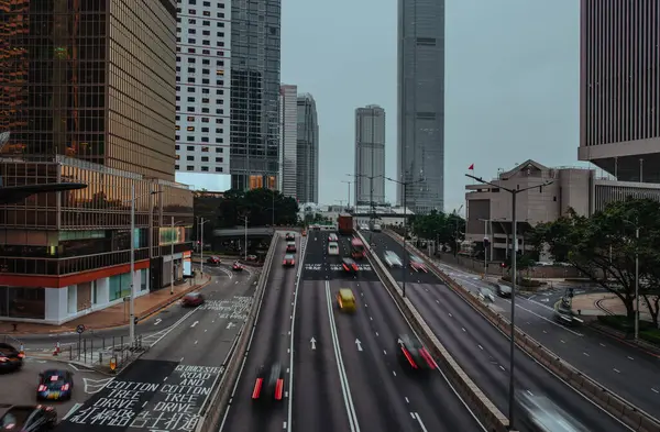 Zone Urbaine Avec Autoroute Hong Kong Longue Exposition Floue Mouvement Images De Stock Libres De Droits