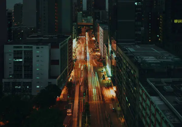 Zona Urbana Con Autostrada Hong Kong Notte Lunga Esposizione Movimento Fotografia Stock