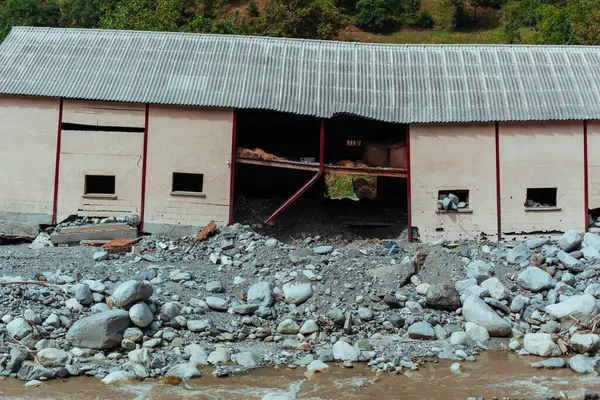 Barn Destroyed Natural Rockfall Disaster Stock Photo