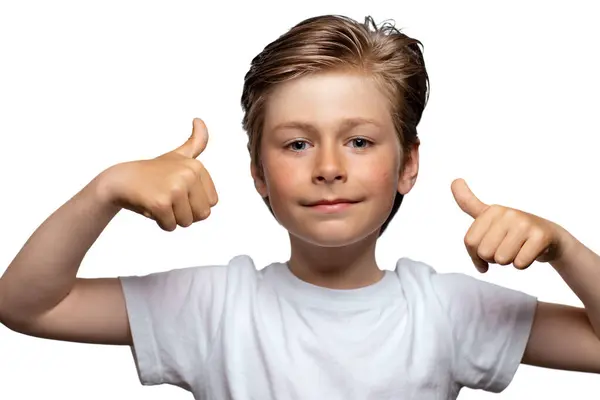Портрет Красивого Хлопчика Який Дає Великі Пальці Вгору Ізольовано Білому Ліцензійні Стокові Зображення