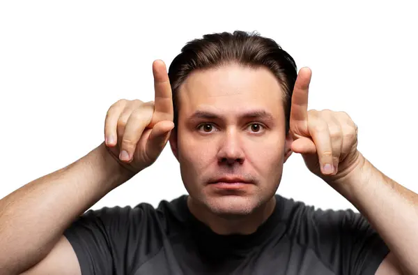 Young Man Making Bull Horn Gesture His Head Portrait Isolated — Foto de Stock