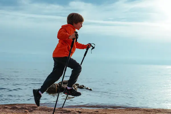 Szczęśliwy Chłopiec Turysta Skacze Trekking Bieguny Brzegu Jeziora Obrazy Stockowe bez tantiem