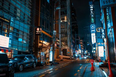 Seul, Güney Kore - 24 Şubat 2024: Neon ışıkları ve gece barları olan Seul Caddesi