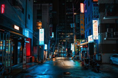 Seul, Güney Kore - 24 Şubat 2024: Neon ışıkları ve gece barları olan Seul Caddesi