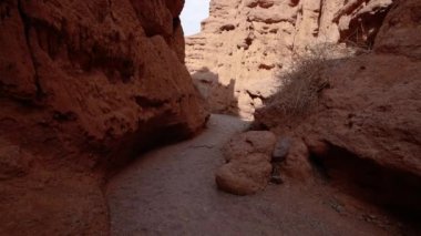 Kırgızistan 'da kırmızı kaya kanyonunda yürüyorum.