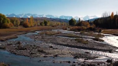 Kırgızistan 'da dağ nehri olan sonbahar manzarası güneşli bir günde