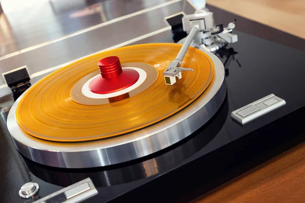 Vintage Stereo Turntable Record Player Tonearm Yellow Colored Vinyl Red — Stock Photo, Image
