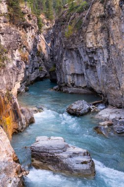 Fırtınalı Dağ Nehri, Mermer Kanyon geçidi, Kootenay Ulusal Parkı, Vermilion Nehri, Britanya Kolumbiyası, Kanada, Güzel Manzarası 'nın ortasından akar.