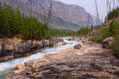 Fırtınalı Dağ Nehri kayalık geçidin ortasında akar, Kootenay Ulusal Parkı, Vermilion Nehri, British Columbia, Kanada, Güzel Manzara