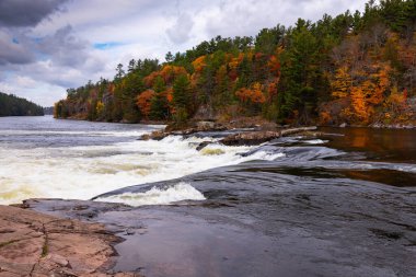Recollet Şelalesi 'nin Fransız Nehri' ndeki hızlı su şelaleleri. Killarney, Ontario, Kanada 'daki Fransız Nehri İl Parkı' nda Gri Fırtınalı Sonbahar Günü