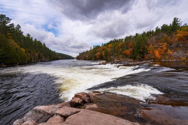 Recollet Şelalesi 'nin Fransız Nehri' ndeki hızlı su şelaleleri. Killarney, Ontario, Kanada 'daki Fransız Nehri İl Parkı' nda Gri Fırtınalı Sonbahar Günü