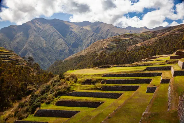 stock image Old Inca Archaeological Heritage Complex Site with Angled Terraces Located in Andes Mountains Sacred Valley, Chinchero, Cusco Region, Peru, South America