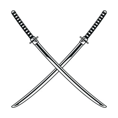 Katana kılıç vektörünü kesiştirdim. Siyah ve beyaz Japon kılıçları beyaza izole edilmiş..
