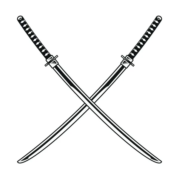 Vektor Zkřížených Katanských Mečů Černobílé Japonské Meče Izolované Bílém — Stockový vektor