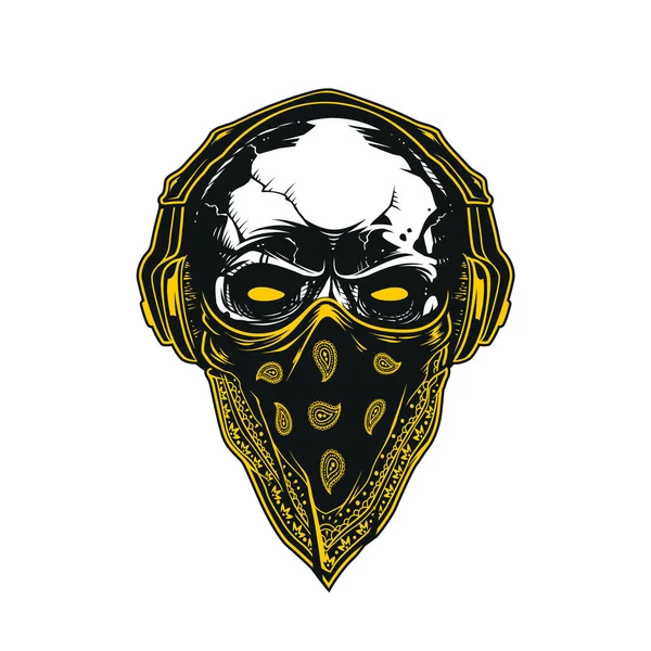Skull Bandana Headphones Isolated White Background Stencil Sticker Skull Art — Stock Vector