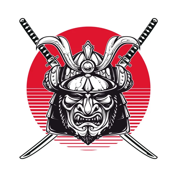 Samurai Maske Und Gekreuzte Katana Schwerter Rote Sonne Dahinter Shirt — Stockvektor