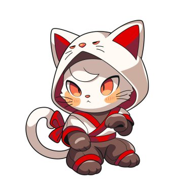 Funny maneki neko character as cute ninja. Kawaii style cartoon illustration. Isolated on white. clipart