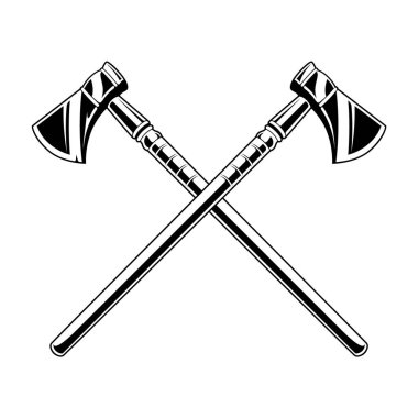 Çapraz eksenler siyah ve beyaz vektör. Hakiki ortaçağ savaşçı baltaları beyazlara izole edilmiş..