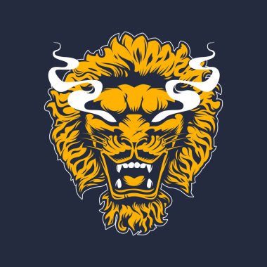 Kükreyen aslanın vektör sanatı. Ağız sonuna kadar açık ve gözler tütüyor. Güçlü ve karmaşık detaylar. Altın ve koyu mavi renkler ihtişamını, ihtişamını, gücünü ve gücünü sergiliyor. Yazdırma tasarımı.