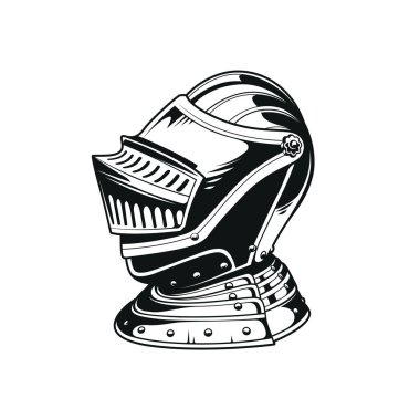 Ortaçağ şövalye miğferi, beyaz üzerine izole edilmiş siyah beyaz vektör grafiği. Keskin çizgileri ve tanımlanmış detayları olan temiz ve canlı bir sanat eseri..