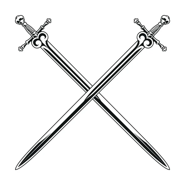 Espadas Cruzadas Vector Blanco Negro Espadas Caballero Europeas Medievales Genuinas — Archivo Imágenes Vectoriales