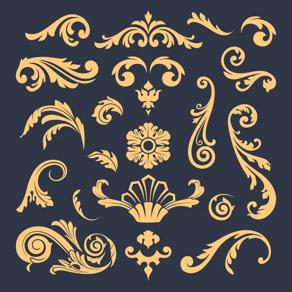 Medieval Flourish Ornaments Victorian Graphic Elements Gold Patterns Dark Backgrond — Stock Vector