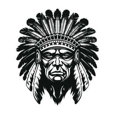 Native American indian chief head. Looks straight, solid and majestic. Apache chief face. Monochrome vector art isolated on white. High contrast, deep shades. Clean and sharp lines.  clipart